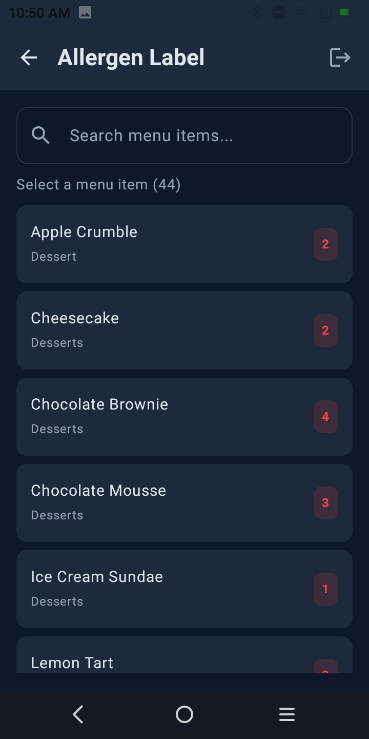 Allergen label menu items list