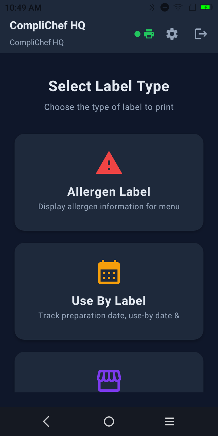 Select Label Type home screen