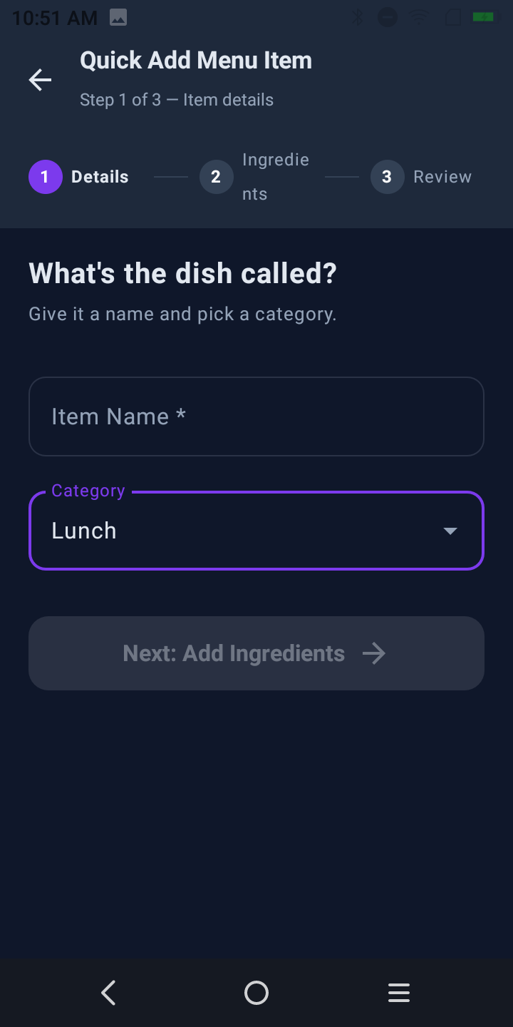 Quick Add step 1: dish name