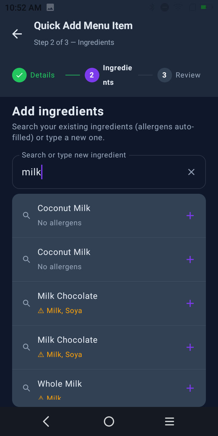Quick Add step 2: ingredient search