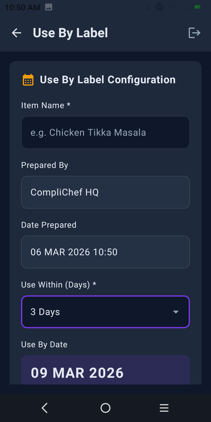 Use By Label configuration form